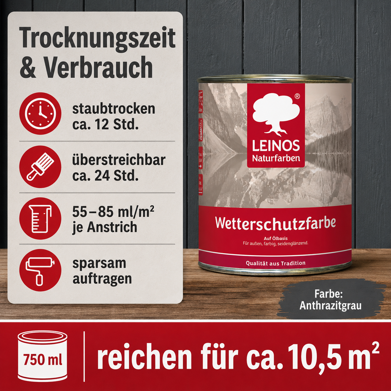 LEINOS Wetterschutzfarbe 750 ml | Anthrazitgrau Holzlasur für Holzfassaden Fenster Gartenhäuser| wetterbeständige Deckfarbe für effektive Versiegelung und langanhaltenden Schutz auf Ölbasis im Außenbereich