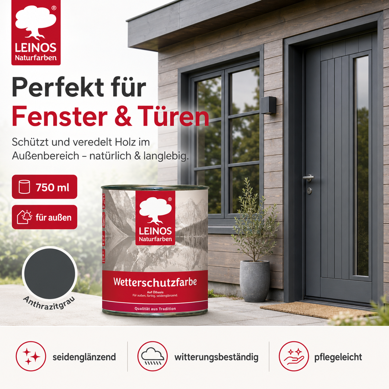 LEINOS Wetterschutzfarbe 750 ml | Anthrazitgrau Holzlasur für Holzfassaden Fenster Gartenhäuser| wetterbeständige Deckfarbe für effektive Versiegelung und langanhaltenden Schutz auf Ölbasis im Außenbereich