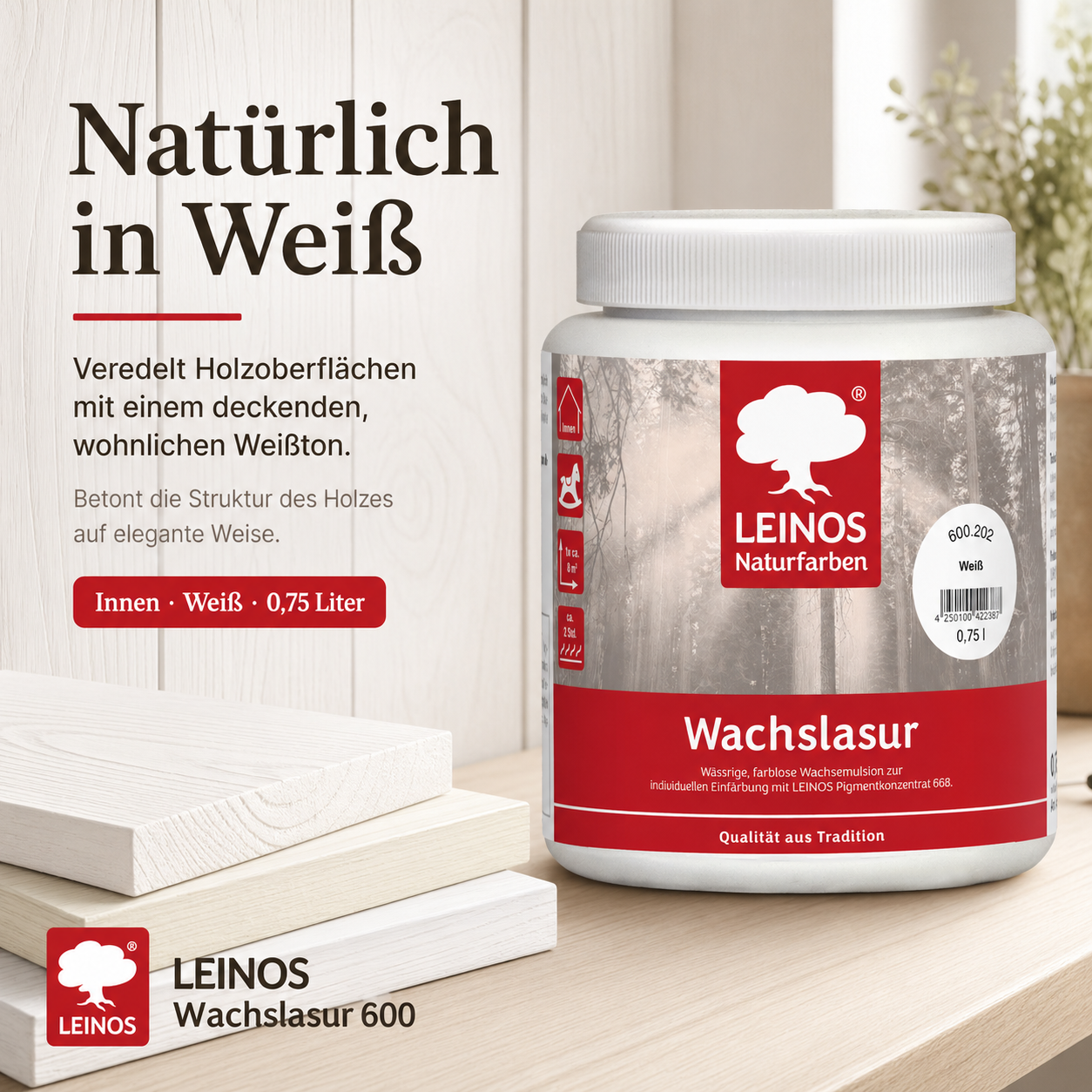 Leinos 600 Wachslasur für Innen 202 Weiß 0,75 l – wässrige Holzlasur für Möbel, Holzdecken, Wandverkleidungen und Kinderspielzeug im Innenbereich, weiß, pigmentierbar, leicht aufzutragen