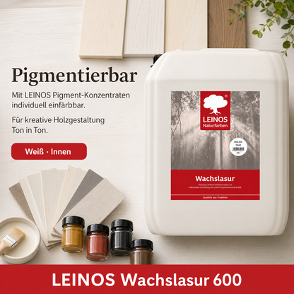 Leinos 600 Wachslasur für Innen 202 10 Liter weiß – wässrige Holzlasur für Möbel, Holzdecken, Wandverkleidungen und Kinderspielzeug im Innenbereich, weiß, pigmentierbar, leicht aufzutragen