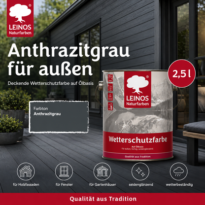 LEINOS Wetterschutzfarbe 2,5 l | Anthrazitgrau Holzlasur für Holzfassaden Fenster Gartenhäuser| wetterbeständige Deckfarbe für effektive Versiegelung und langanhaltenden Schutz auf Ölbasis im Außenbereich