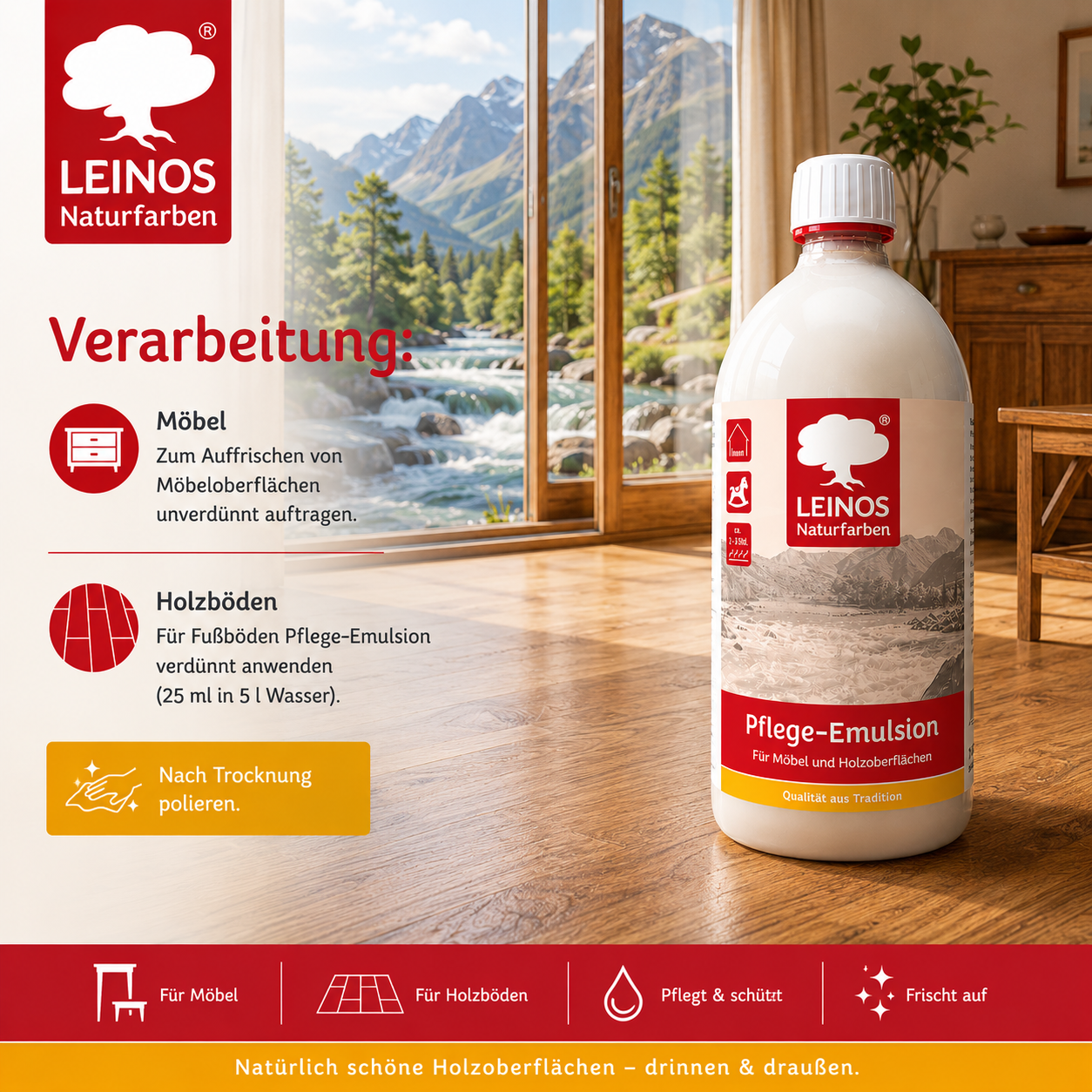 LEINOS Pflege-Emulsion 925 | 1 Liter Pflege für geölte & gewachste Holzoberflächen | antistatisch, hochpolierbar | seidiger Glanz für Möbel, Tische & Innenflächen im Innenbereich für Holzpflege pur