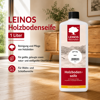 LEINOS Holzbodenseife 924 weiß 1 Liter – hochkonzentrierte Reinigung & Pflege für gelaugte/geseifte Holzböden | für Erstbehandlung 1:10 & Unterhalt 1:40 | rückfettend
