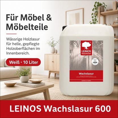 Leinos 600 Wachslasur für Innen 202 10 Liter weiß – wässrige Holzlasur für Möbel, Holzdecken, Wandverkleidungen und Kinderspielzeug im Innenbereich, weiß, pigmentierbar, leicht aufzutragen