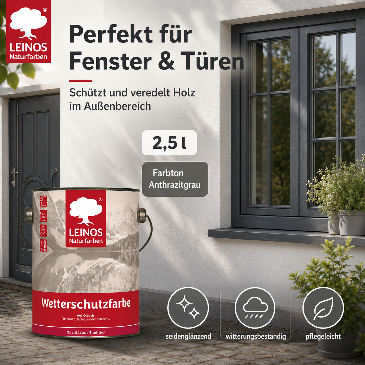 LEINOS Wetterschutzfarbe 2,5 l | Anthrazitgrau Holzlasur für Holzfassaden Fenster Gartenhäuser| wetterbeständige Deckfarbe für effektive Versiegelung und langanhaltenden Schutz auf Ölbasis im Außenbereich