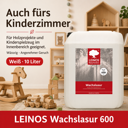 Leinos 600 Wachslasur für Innen 202 10 Liter weiß – wässrige Holzlasur für Möbel, Holzdecken, Wandverkleidungen und Kinderspielzeug im Innenbereich, weiß, pigmentierbar, leicht aufzutragen