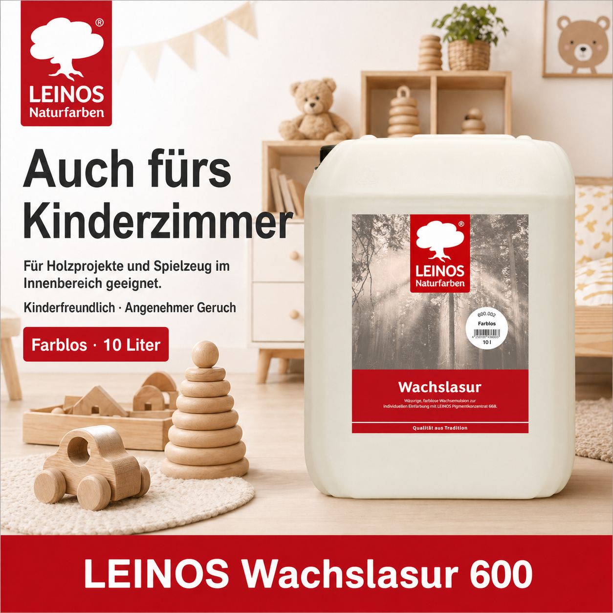 Leinos 600 Wachslasur für Innen 002 farblos 10 Liter – wässrige Holzlasur für Möbel, Holzdecken, Wandverkleidungen und Kinderspielzeug im Innenbereich, weiß, pigmentierbar, leicht aufzutragen
