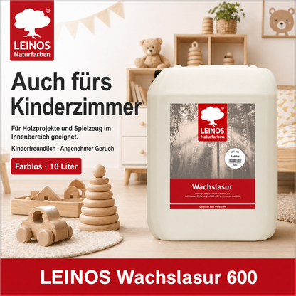 Leinos 600 Wachslasur für Innen 002 farblos 10 Liter – wässrige Holzlasur für Möbel, Holzdecken, Wandverkleidungen und Kinderspielzeug im Innenbereich, weiß, pigmentierbar, leicht aufzutragen