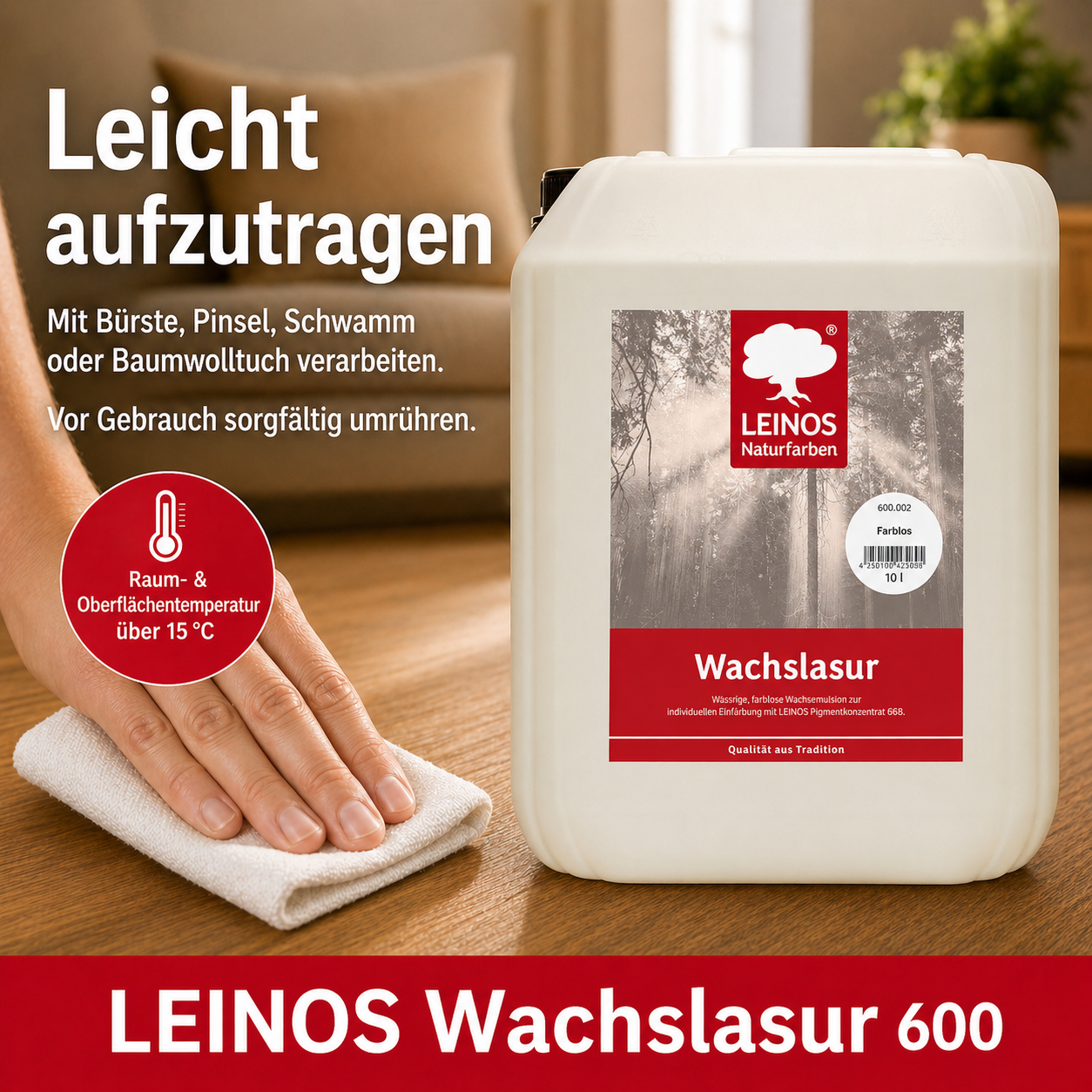 Leinos 600 Wachslasur für Innen 002 farblos 10 Liter – wässrige Holzlasur für Möbel, Holzdecken, Wandverkleidungen und Kinderspielzeug im Innenbereich, weiß, pigmentierbar, leicht aufzutragen