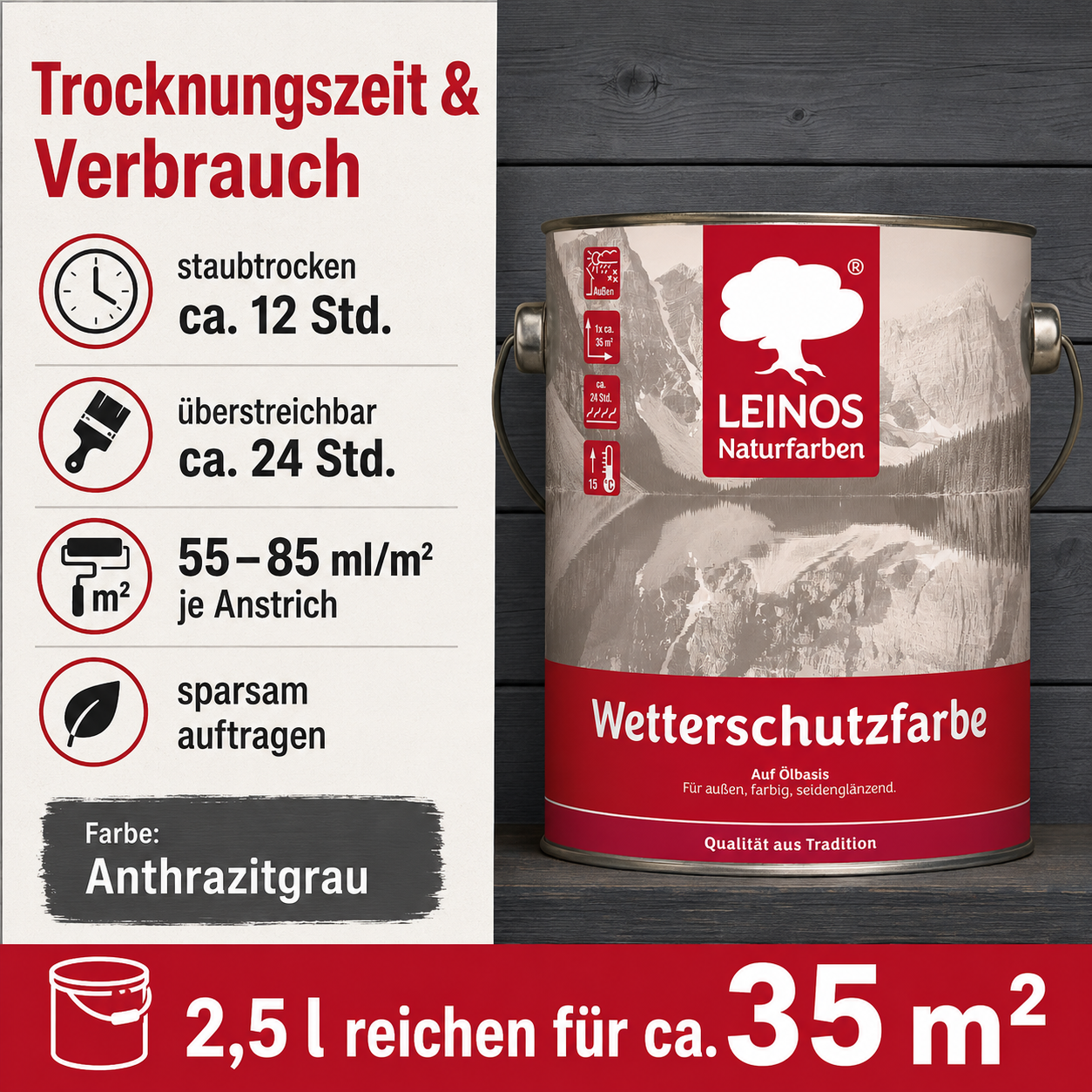 LEINOS Wetterschutzfarbe 2,5 l | Anthrazitgrau Holzlasur für Holzfassaden Fenster Gartenhäuser| wetterbeständige Deckfarbe für effektive Versiegelung und langanhaltenden Schutz auf Ölbasis im Außenbereich