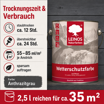 LEINOS Wetterschutzfarbe 2,5 l | Anthrazitgrau Holzlasur für Holzfassaden Fenster Gartenhäuser| wetterbeständige Deckfarbe für effektive Versiegelung und langanhaltenden Schutz auf Ölbasis im Außenbereich