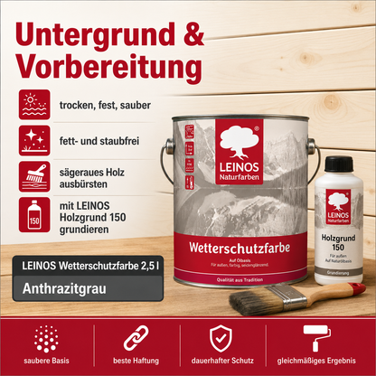 LEINOS Wetterschutzfarbe 2,5 l | Anthrazitgrau Holzlasur für Holzfassaden Fenster Gartenhäuser| wetterbeständige Deckfarbe für effektive Versiegelung und langanhaltenden Schutz auf Ölbasis im Außenbereich