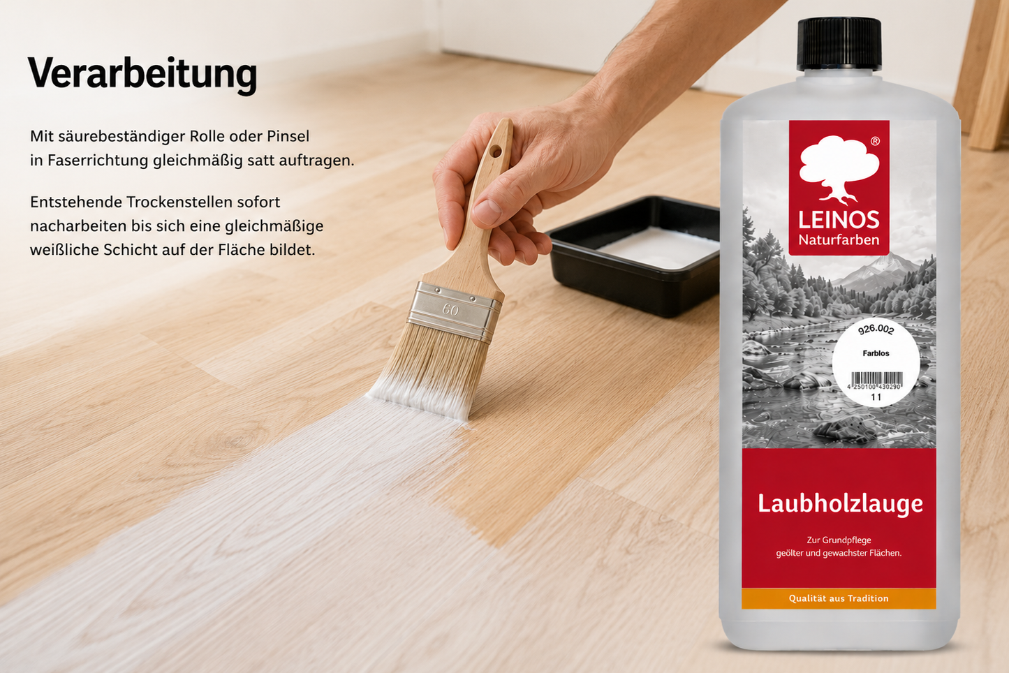LEINOS 926 Laubholzlauge 1,00 l Farblos Veredelung von hellen Laubhölzern wie Ahorn, Esche, Buche, Eiche, usw. im Innenbereich