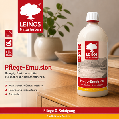 LEINOS Pflege-Emulsion 925 | 1 Liter Pflege für geölte & gewachste Holzoberflächen | antistatisch, hochpolierbar | seidiger Glanz für Möbel, Tische & Innenflächen im Innenbereich für Holzpflege pur