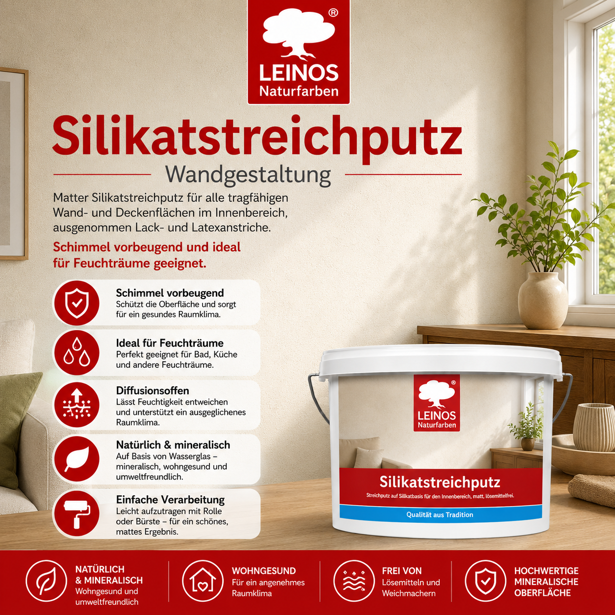 LEINOS Silikatstreichputz 10L – Strukturfarbe für Bad & Wohnräume