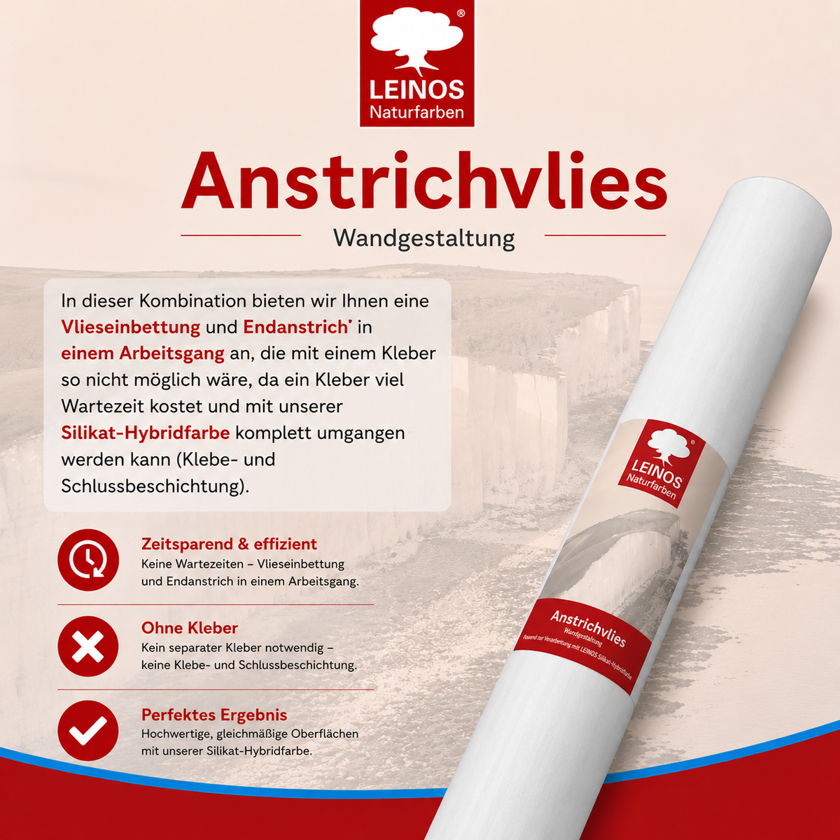 LEINOS Anstrichvlies 50 m – Vliesarmierung für LEINOS Silikat-Hybridfarbe 694, zur rissüberbrückenden Wandbeschichtung im Innenbereich, einfache Verarbeitung, nahtloses Ergebnis, Profi