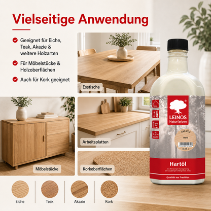 LEINOS Holzöl 250 ml | Hartöl Weiß für Tische Möbel Arbeitsplatten | Teak Eiche Möbelöl für effektive Versiegelung und langanhaltenden Schutz im Innenbereich