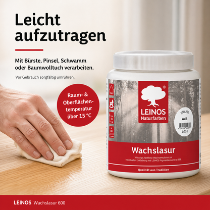 Leinos 600 Wachslasur für Innen 202 Weiß 0,75 l – wässrige Holzlasur für Möbel, Holzdecken, Wandverkleidungen und Kinderspielzeug im Innenbereich, weiß, pigmentierbar, leicht aufzutragen
