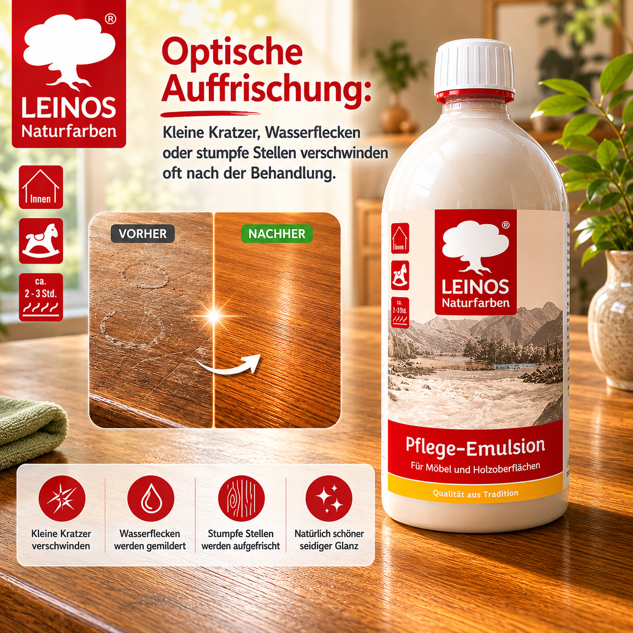 LEINOS Pflege-Emulsion 925 | 1 Liter Pflege für geölte & gewachste Holzoberflächen | antistatisch, hochpolierbar | seidiger Glanz für Möbel, Tische & Innenflächen im Innenbereich für Holzpflege pur