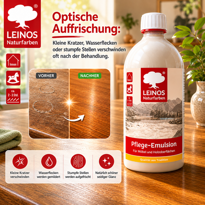LEINOS Pflege-Emulsion 925 | 1 Liter Pflege für geölte & gewachste Holzoberflächen | antistatisch, hochpolierbar | seidiger Glanz für Möbel, Tische & Innenflächen im Innenbereich für Holzpflege pur