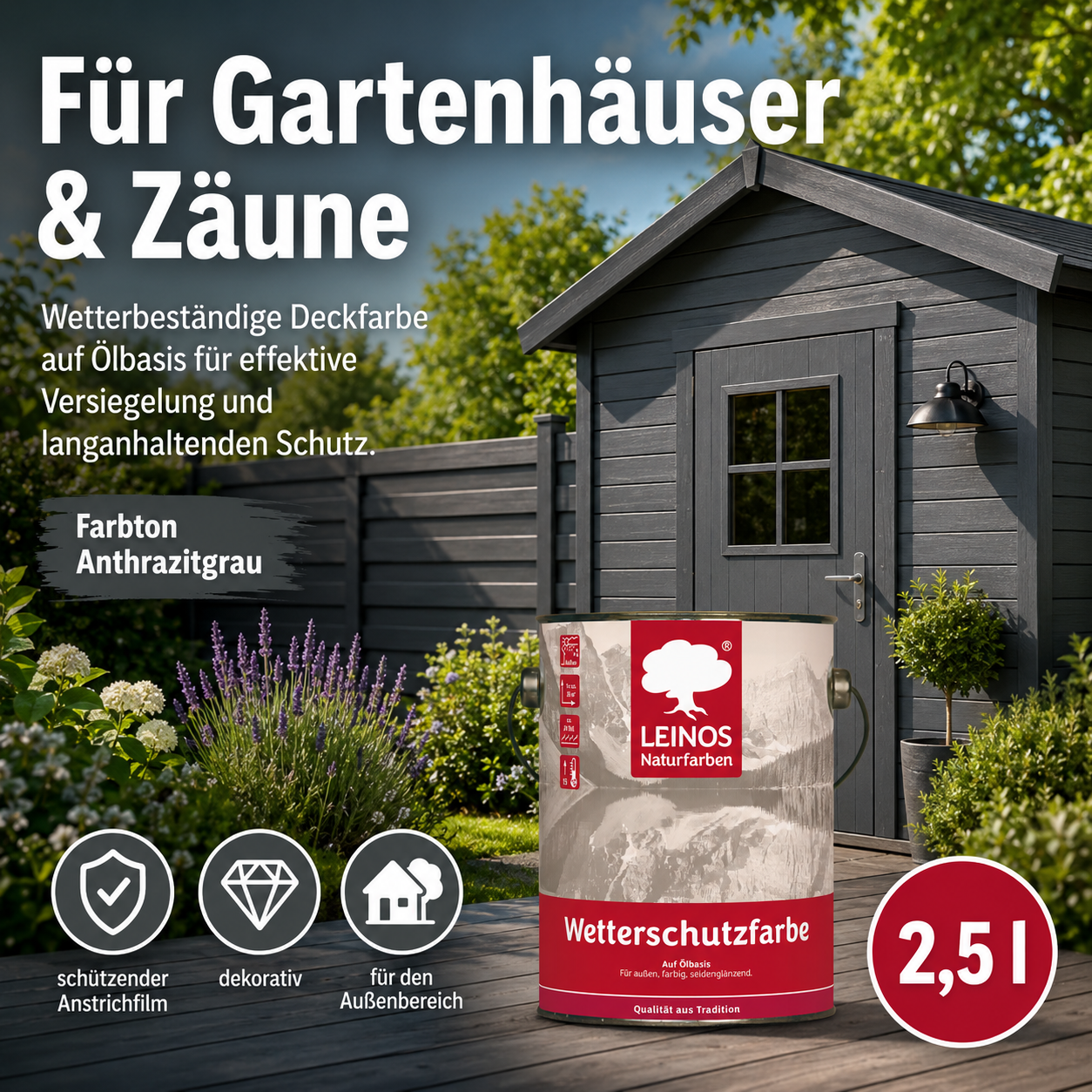 LEINOS Wetterschutzfarbe 2,5 l | Anthrazitgrau Holzlasur für Holzfassaden Fenster Gartenhäuser| wetterbeständige Deckfarbe für effektive Versiegelung und langanhaltenden Schutz auf Ölbasis im Außenbereich