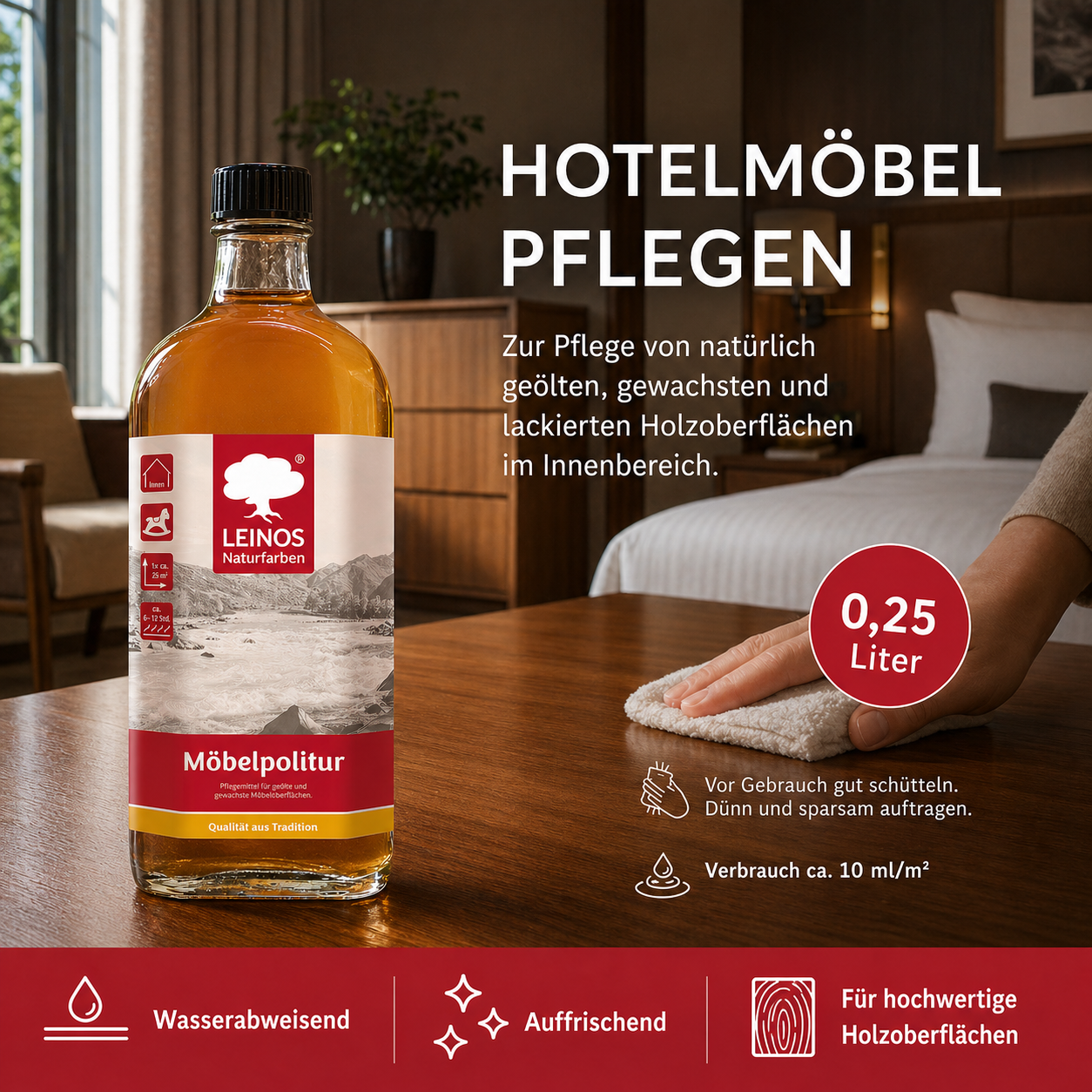 Pflegemittel für geölte und gewachste Möbeloberflächen 0,25l | Zur Pflege von natürlich geölten, gewachsten und lackierten Oberflächen im Innenbereich.