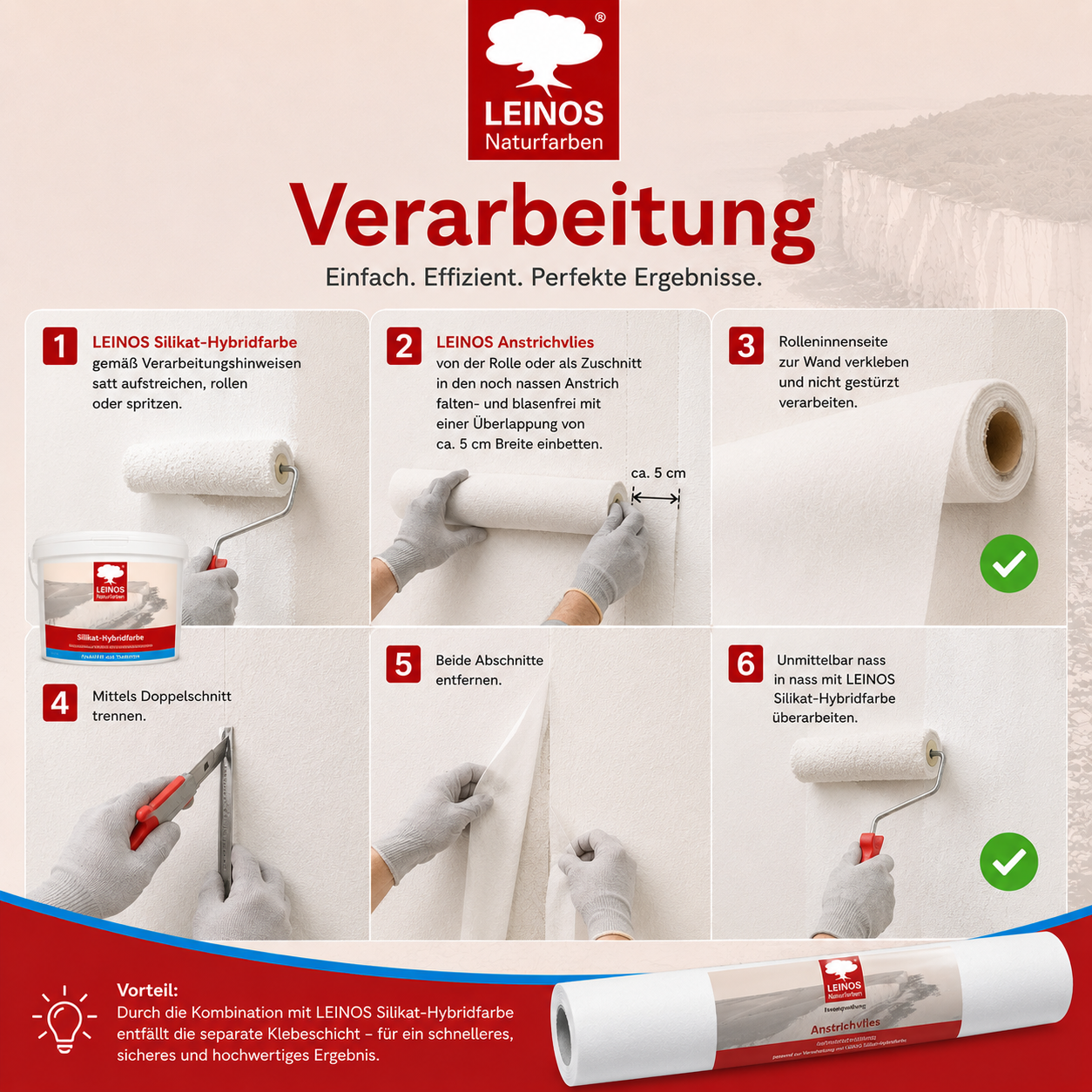 LEINOS Anstrichvlies 50 m – Vliesarmierung für LEINOS Silikat-Hybridfarbe 694, zur rissüberbrückenden Wandbeschichtung im Innenbereich, einfache Verarbeitung, nahtloses Ergebnis, Profi