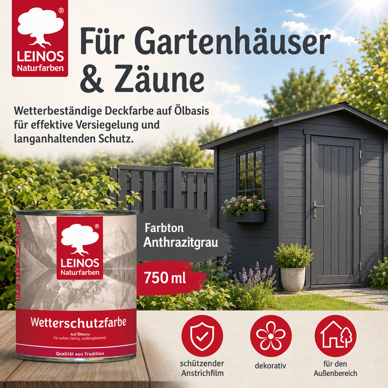 LEINOS Wetterschutzfarbe 750 ml | Anthrazitgrau Holzlasur für Holzfassaden Fenster Gartenhäuser| wetterbeständige Deckfarbe für effektive Versiegelung und langanhaltenden Schutz auf Ölbasis im Außenbereich