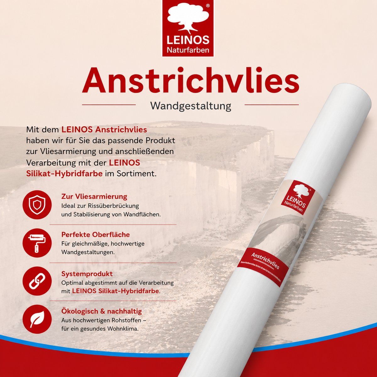 LEINOS Anstrichvlies 50 m – Vliesarmierung für LEINOS Silikat-Hybridfarbe 694, zur rissüberbrückenden Wandbeschichtung im Innenbereich, einfache Verarbeitung, nahtloses Ergebnis, Profi