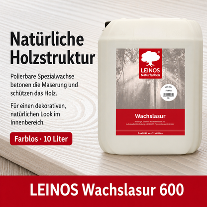 Leinos 600 Wachslasur für Innen 002 farblos 10 Liter – wässrige Holzlasur für Möbel, Holzdecken, Wandverkleidungen und Kinderspielzeug im Innenbereich, weiß, pigmentierbar, leicht aufzutragen