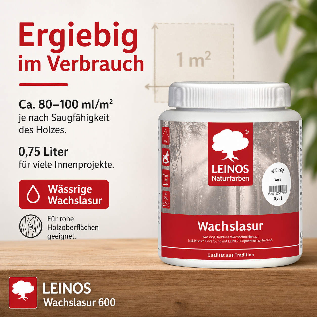 Leinos 600 Wachslasur für Innen 202 Weiß 0,75 l – wässrige Holzlasur für Möbel, Holzdecken, Wandverkleidungen und Kinderspielzeug im Innenbereich, weiß, pigmentierbar, leicht aufzutragen