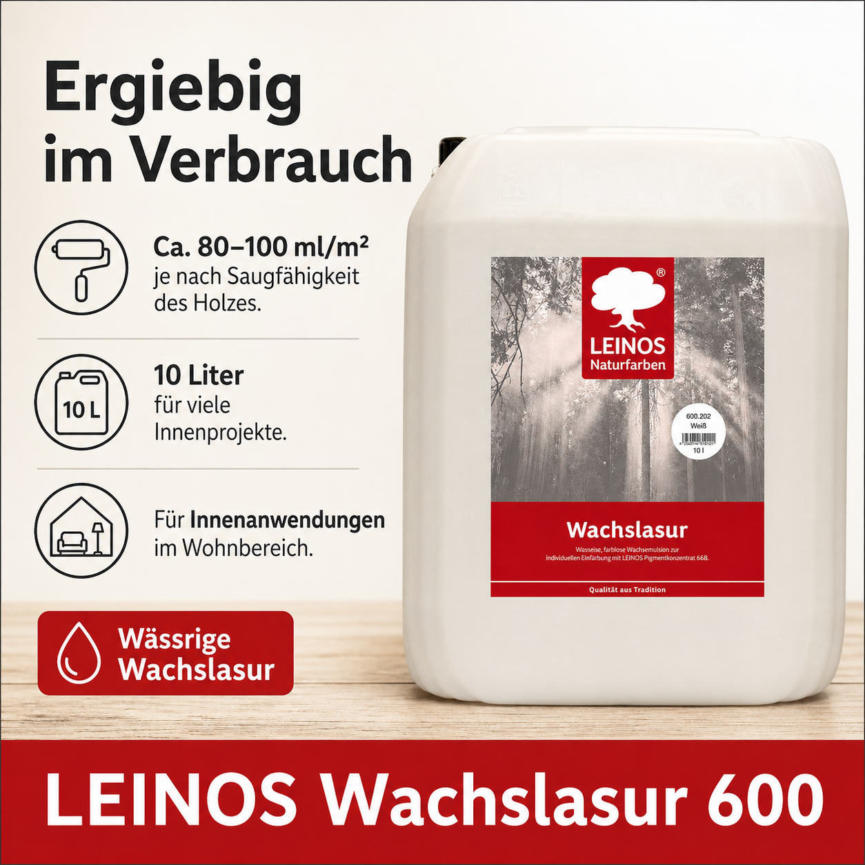 Leinos 600 Wachslasur für Innen 202 10 Liter weiß – wässrige Holzlasur für Möbel, Holzdecken, Wandverkleidungen und Kinderspielzeug im Innenbereich, weiß, pigmentierbar, leicht aufzutragen