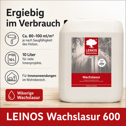 Leinos 600 Wachslasur für Innen 202 10 Liter weiß – wässrige Holzlasur für Möbel, Holzdecken, Wandverkleidungen und Kinderspielzeug im Innenbereich, weiß, pigmentierbar, leicht aufzutragen