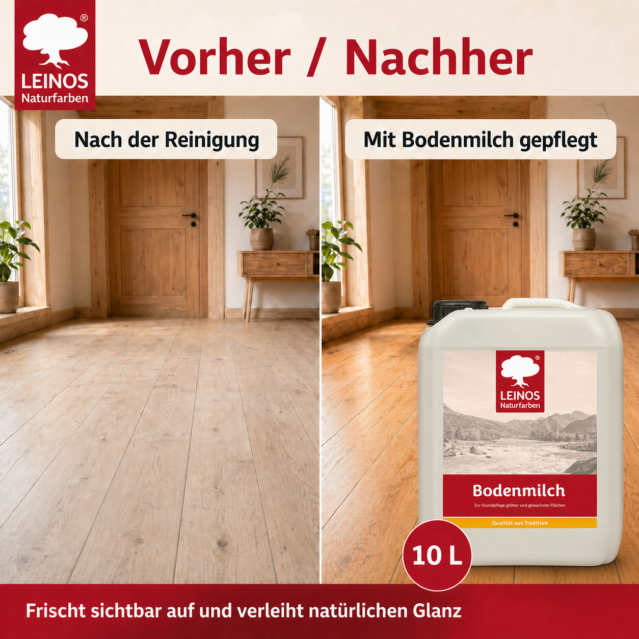 LEINOS 920 Bodenmilch 10 Liter | Pflegemittel für geölte, gewachste und lackierte Fußböden |  Holz, Kork und Linoleum | ergibt seidenglänzende Oberfläche