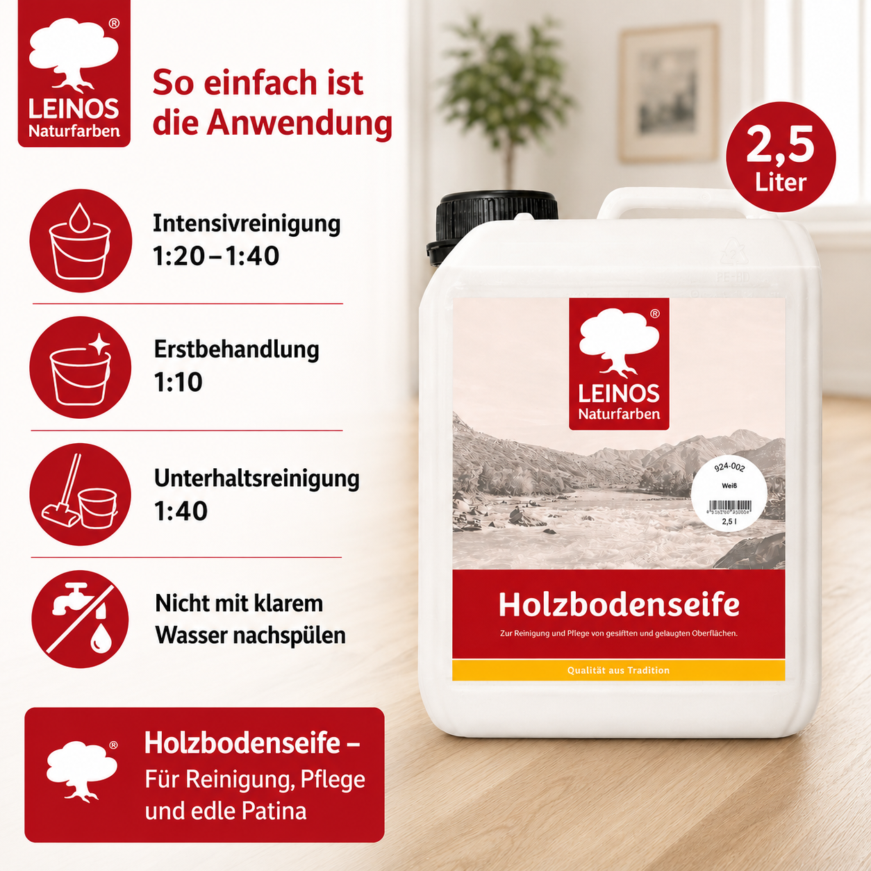 LEINOS 924 Holzbodenseife 2,50 l Weiß | Zur Reinigung, Pflege und Veredelung von geseiften und gelaugten, sowie von natur- und weißgeölten Holzoberflächen