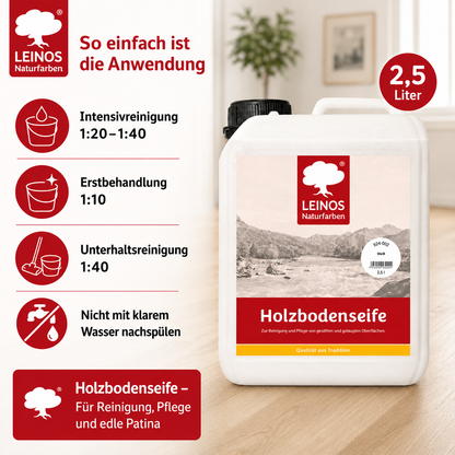 LEINOS 924 Holzbodenseife 2,50 l Weiß | Zur Reinigung, Pflege und Veredelung von geseiften und gelaugten, sowie von natur- und weißgeölten Holzoberflächen