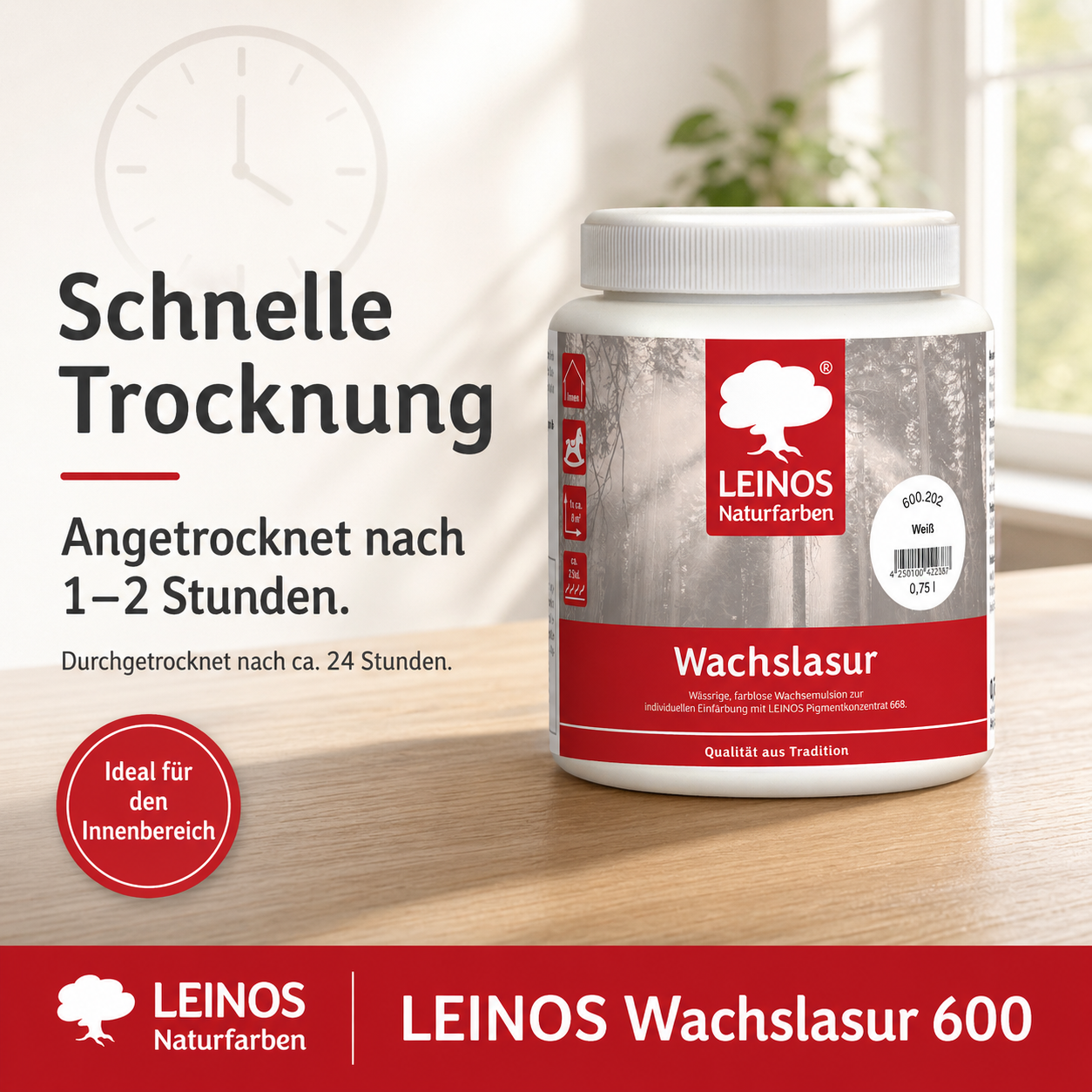 Leinos 600 Wachslasur für Innen 202 Weiß 0,75 l – wässrige Holzlasur für Möbel, Holzdecken, Wandverkleidungen und Kinderspielzeug im Innenbereich, weiß, pigmentierbar, leicht aufzutragen