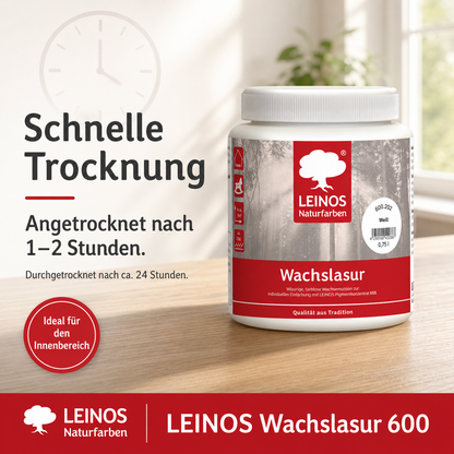 Leinos 600 Wachslasur für Innen 202 Weiß 0,75 l – wässrige Holzlasur für Möbel, Holzdecken, Wandverkleidungen und Kinderspielzeug im Innenbereich, weiß, pigmentierbar, leicht aufzutragen