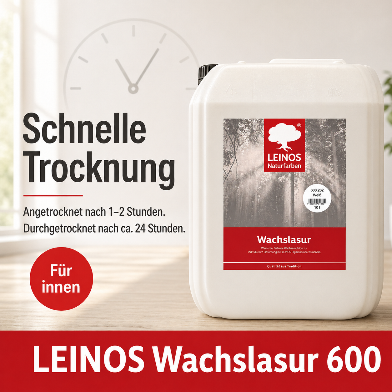 Leinos 600 Wachslasur für Innen 202 10 Liter weiß – wässrige Holzlasur für Möbel, Holzdecken, Wandverkleidungen und Kinderspielzeug im Innenbereich, weiß, pigmentierbar, leicht aufzutragen