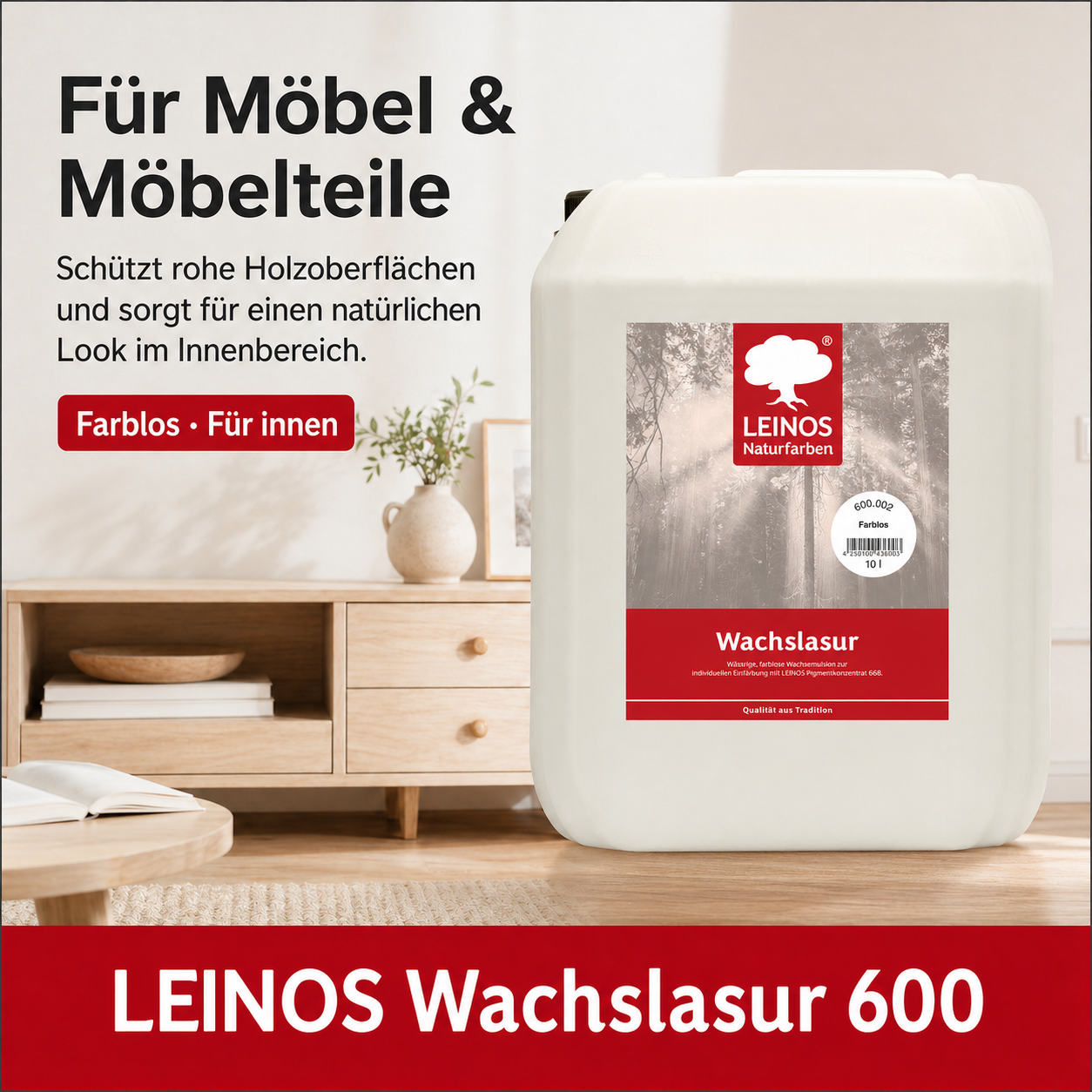 Leinos 600 Wachslasur für Innen 002 farblos 10 Liter – wässrige Holzlasur für Möbel, Holzdecken, Wandverkleidungen und Kinderspielzeug im Innenbereich, weiß, pigmentierbar, leicht aufzutragen