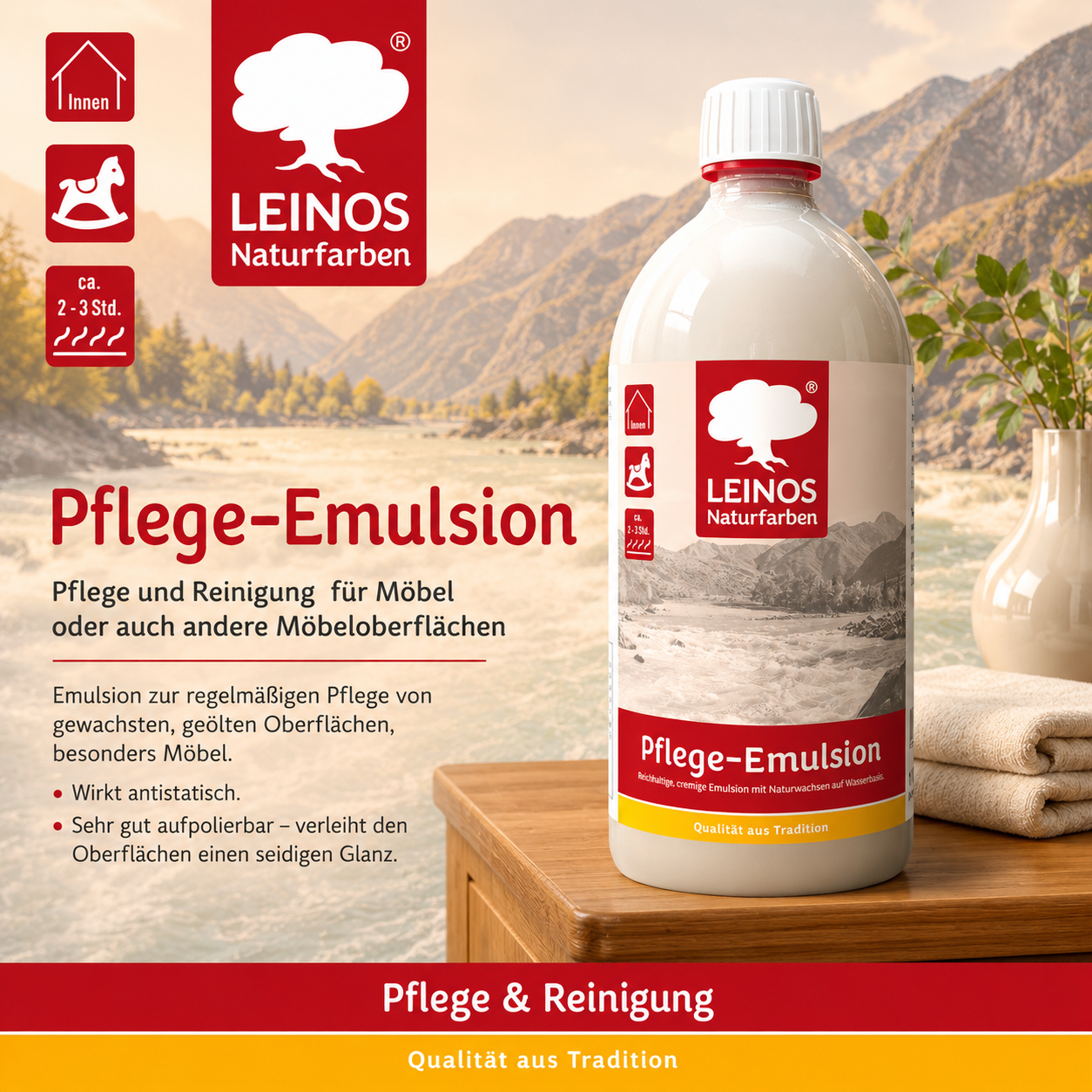 LEINOS Pflege-Emulsion 925 | 1 Liter Pflege für geölte & gewachste Holzoberflächen | antistatisch, hochpolierbar | seidiger Glanz für Möbel, Tische & Innenflächen im Innenbereich für Holzpflege pur