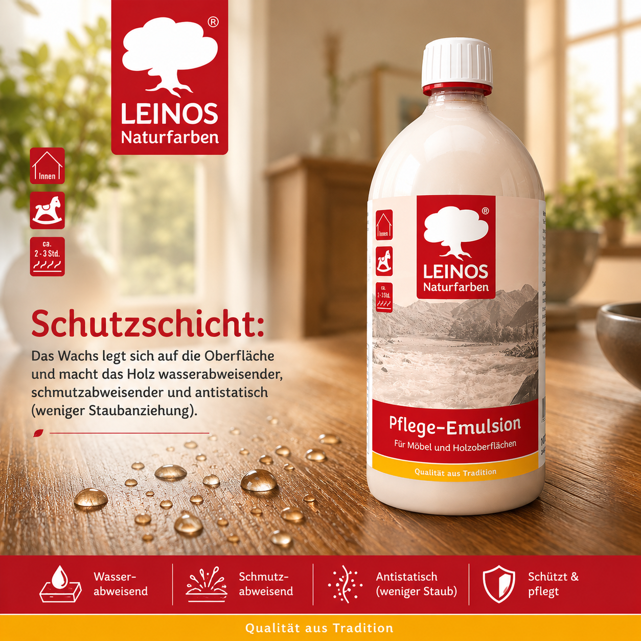 LEINOS Pflege-Emulsion 925 | 1 Liter Pflege für geölte & gewachste Holzoberflächen | antistatisch, hochpolierbar | seidiger Glanz für Möbel, Tische & Innenflächen im Innenbereich für Holzpflege pur