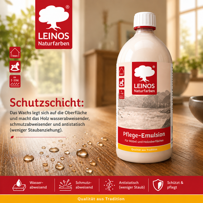 LEINOS Pflege-Emulsion 925 | 1 Liter Pflege für geölte & gewachste Holzoberflächen | antistatisch, hochpolierbar | seidiger Glanz für Möbel, Tische & Innenflächen im Innenbereich für Holzpflege pur