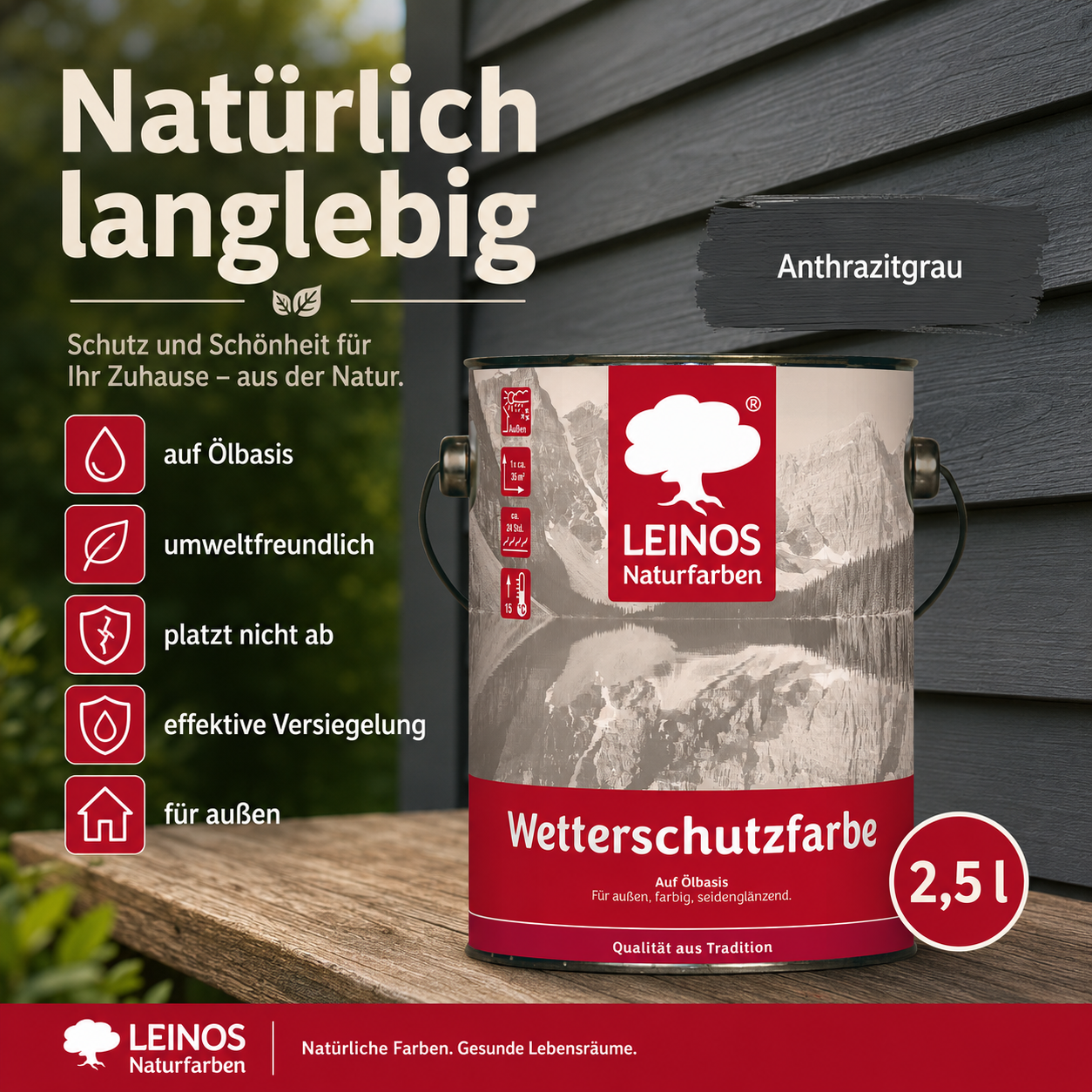 LEINOS Wetterschutzfarbe 2,5 l | Anthrazitgrau Holzlasur für Holzfassaden Fenster Gartenhäuser| wetterbeständige Deckfarbe für effektive Versiegelung und langanhaltenden Schutz auf Ölbasis im Außenbereich