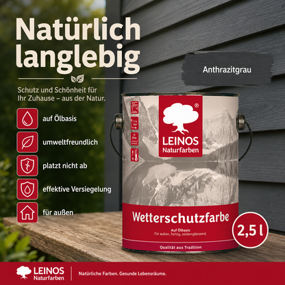 LEINOS Wetterschutzfarbe 2,5 l | Anthrazitgrau Holzlasur für Holzfassaden Fenster Gartenhäuser| wetterbeständige Deckfarbe für effektive Versiegelung und langanhaltenden Schutz auf Ölbasis im Außenbereich