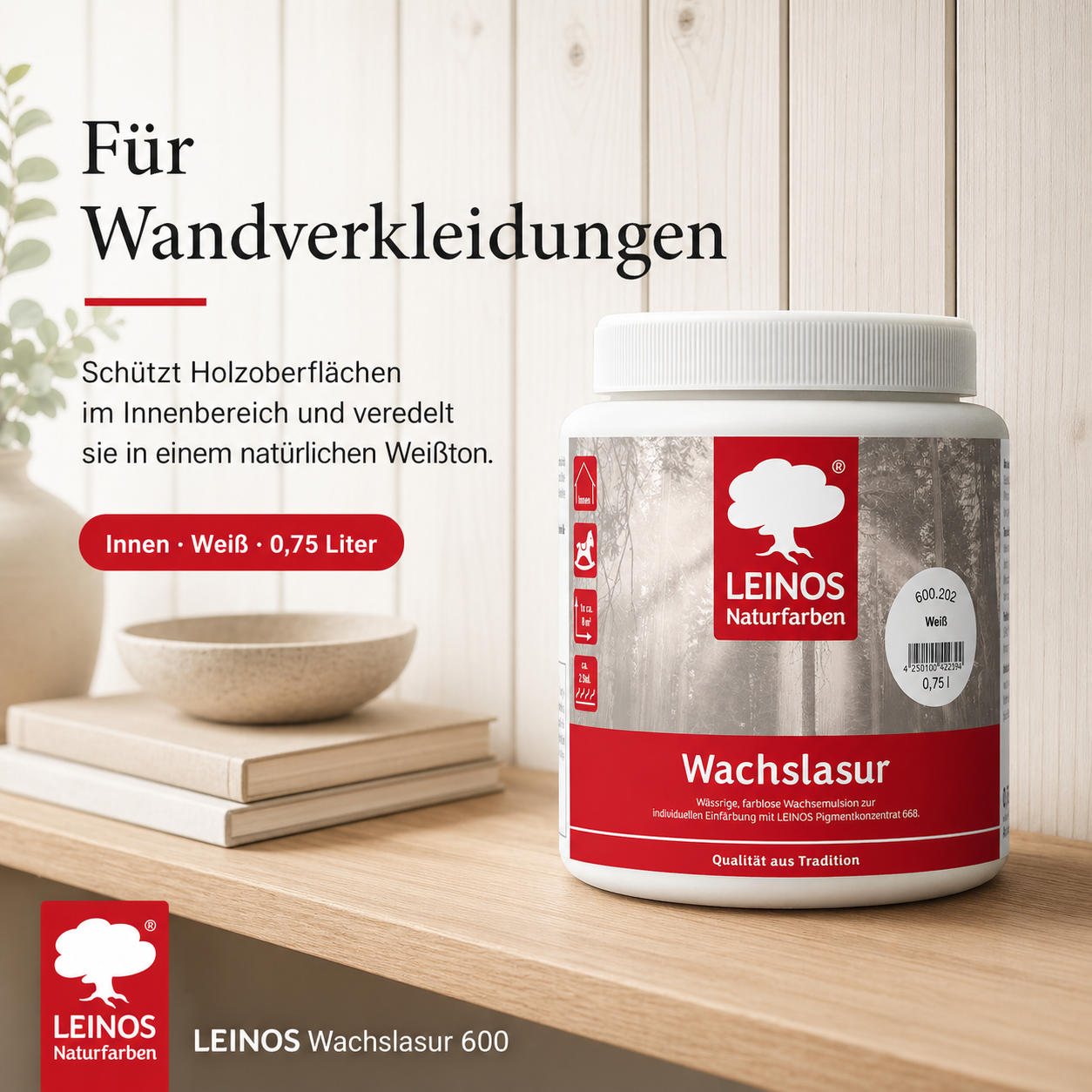 Leinos 600 Wachslasur für Innen 202 Weiß 0,75 l – wässrige Holzlasur für Möbel, Holzdecken, Wandverkleidungen und Kinderspielzeug im Innenbereich, weiß, pigmentierbar, leicht aufzutragen