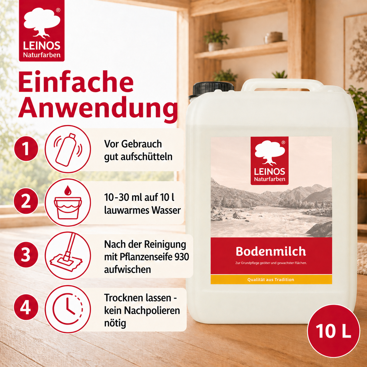 LEINOS 920 Bodenmilch 10 Liter | Pflegemittel für geölte, gewachste und lackierte Fußböden |  Holz, Kork und Linoleum | ergibt seidenglänzende Oberfläche