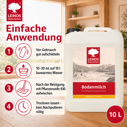 LEINOS 920 Bodenmilch 10 Liter | Pflegemittel für geölte, gewachste und lackierte Fußböden |  Holz, Kork und Linoleum | ergibt seidenglänzende Oberfläche