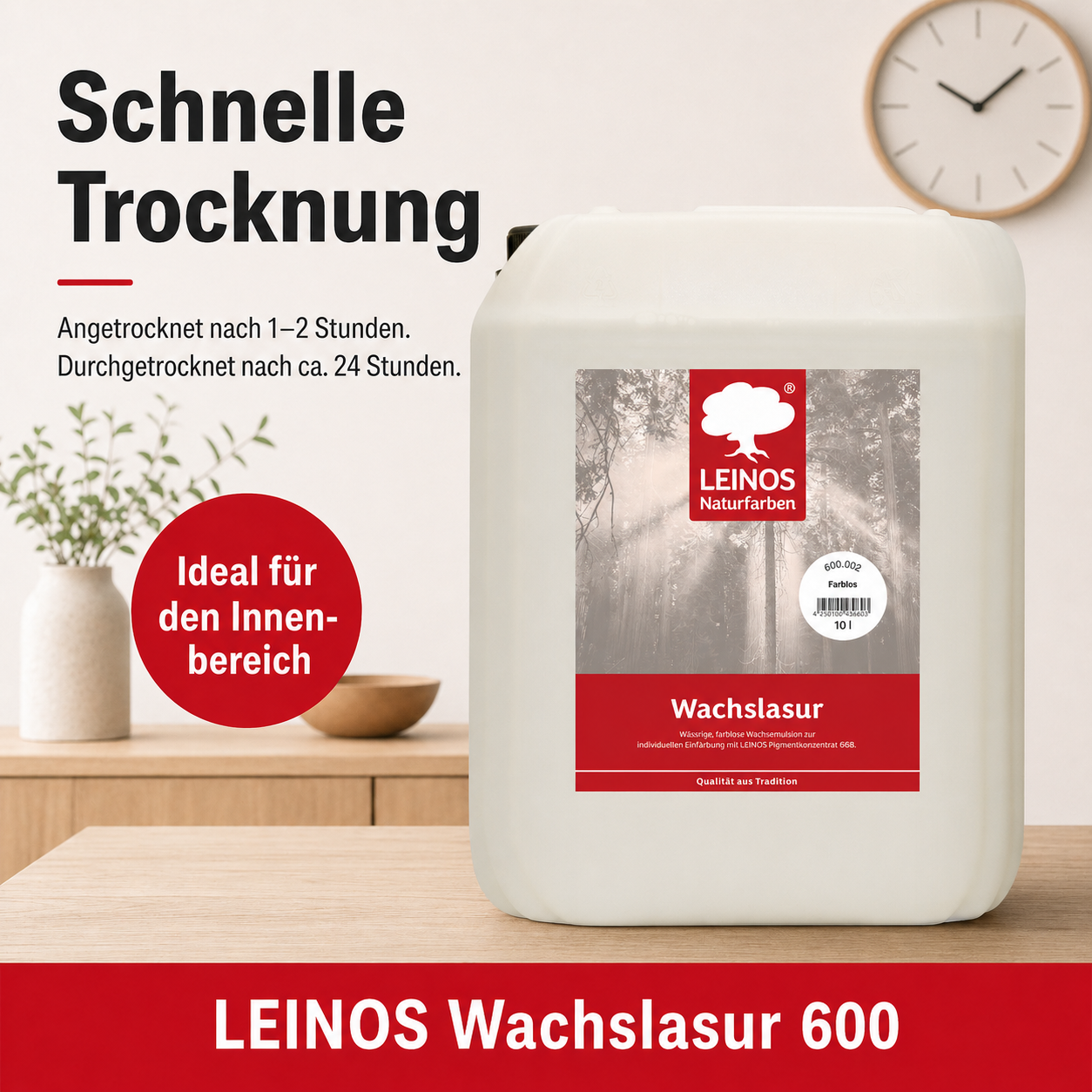 Leinos 600 Wachslasur für Innen 002 farblos 10 Liter – wässrige Holzlasur für Möbel, Holzdecken, Wandverkleidungen und Kinderspielzeug im Innenbereich, weiß, pigmentierbar, leicht aufzutragen