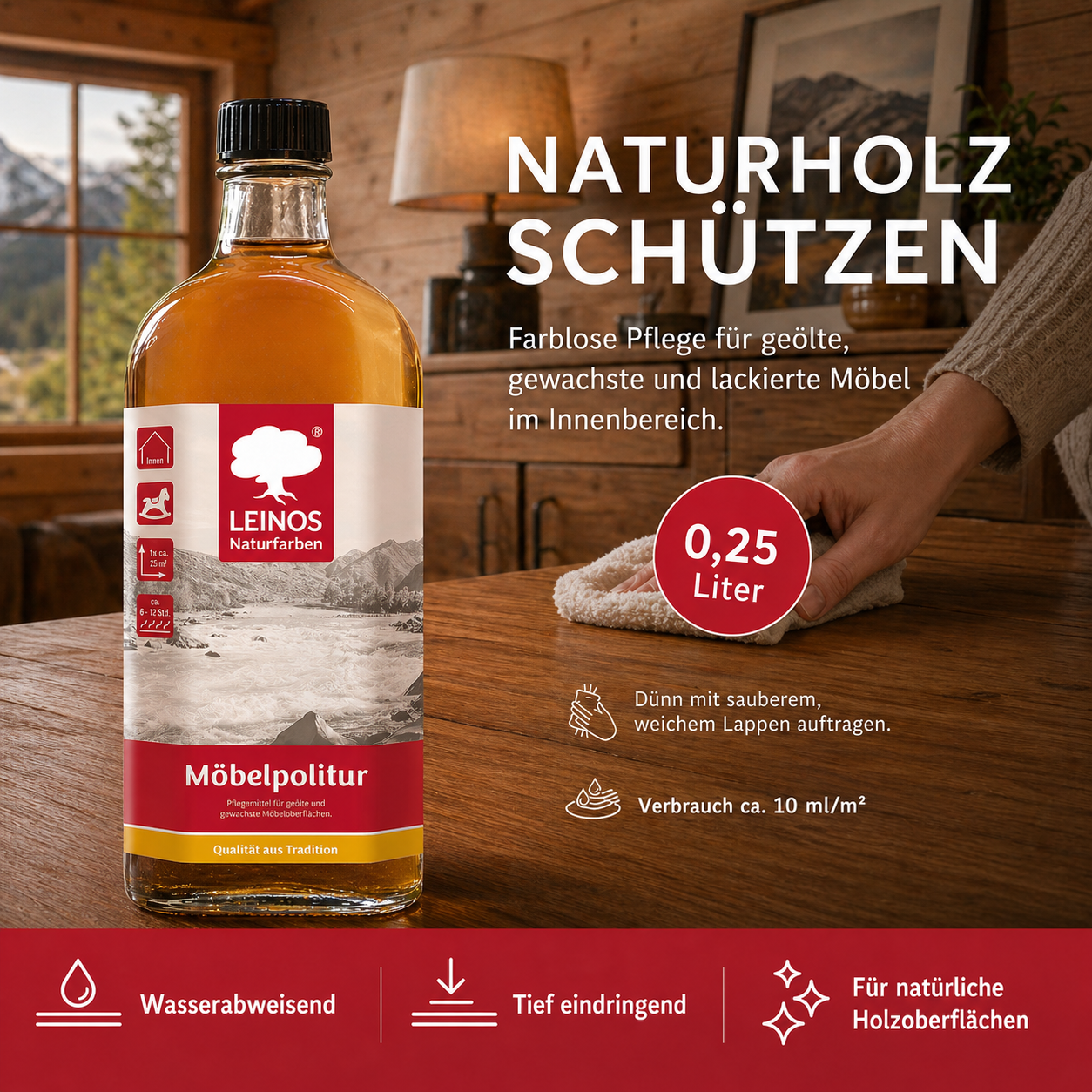 Pflegemittel für geölte und gewachste Möbeloberflächen 0,25l | Zur Pflege von natürlich geölten, gewachsten und lackierten Oberflächen im Innenbereich.